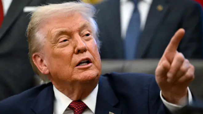 Donald Trump gestures with a pointed finger while wearing a suit and tie with a US flag badge on his lapel while looking away from camera with people in suits behind him at the White House on 3 December.