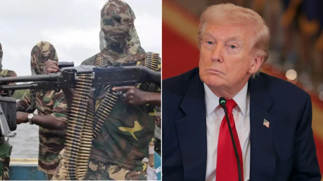 Foto of militants wey carry gun and di president of US, Donald Trump.
