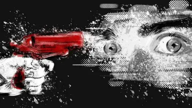 Una imagen animada de una pistola en la cara de alguien que parece muy asustado.