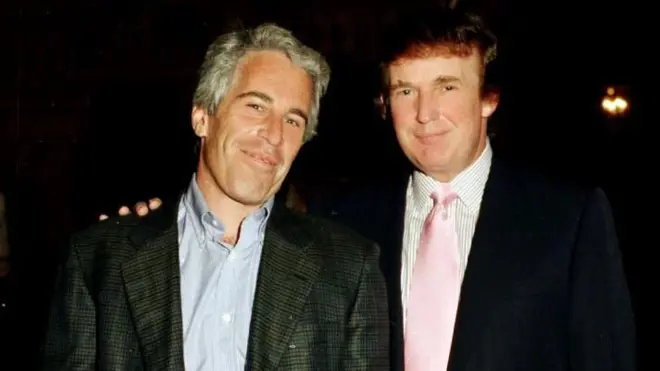 Portrait of American financier Jeffrey Epstein (left) and real estate developer Donald Trump as they pose together at the Mar-a-Lago estate, Palm Beach, Florida, 1997