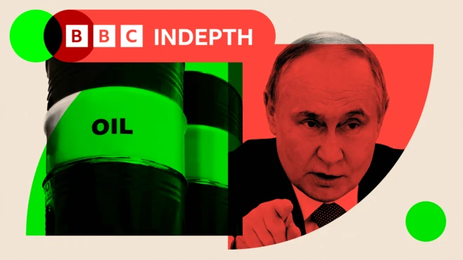 Montage montrant des barils de pétrole et Vladimir Poutine