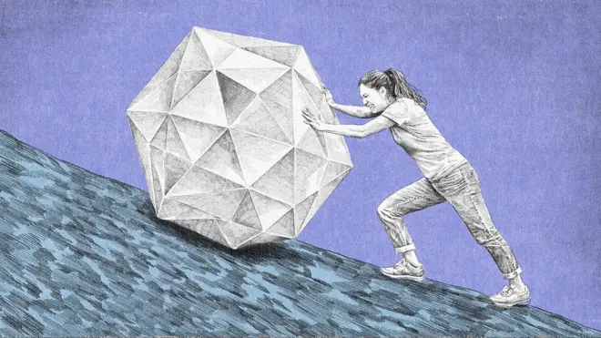 crtež devojke koja gura kamen uz brdo, kao Sizif