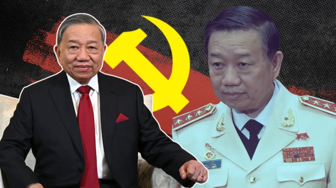 Ảnh thiết kế: ông Tô Lâm khi làm tổng bí thư, mặc áo vest đen, thắt cà vạt đỏ (trái), và ông Tô Lâm khi làm bộ trưởng công an, mặc quân phục màu trắng (phải), trên phông nền biểu tượng búa liềm