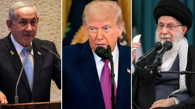 Collage foto of Benjamin Netanyahu, Donald Trump and Ali Hosseini Khamenei