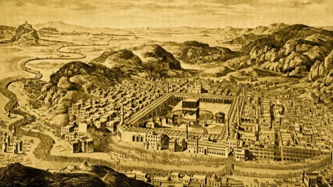 طرحی قدیمی از نمای بیرونی شهر مکه که در میان رشته کوه‌هایی واقع شده و کعبه در مرکز شهر دیده می‌شود