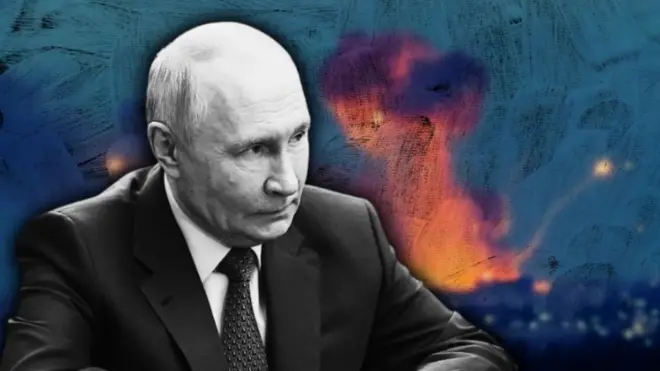 Колаж - чорно-біле зображення Путіна на тлі розмитого вибуху