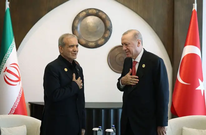 Erdoğan ve Pezeşkiyan elleri göğüslerinde birbirlerini karşılıyor. İki lidern arkalarında kendi ülkelerinin bayrakları var.
