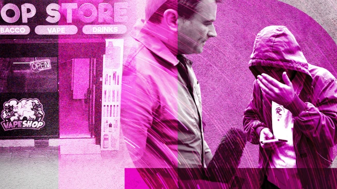 A composite image with a neon pink filter, featuring BBC journalist Ed Thomas in profile, door stepping a shopkeeper with his hood up and his hand over his face. To the left of the frame is a separate image of a mini-mart shopfront with the words "vape" and "vape shop" visibly advertised.