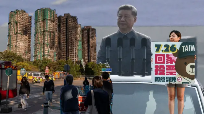 拼圖:香港大埔宏福苑火場、習近平北京閱兵、台北街頭女志工宣傳「大罷免」投票