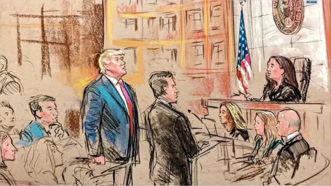 Ký họa ông Donald Trump trình diện thẩm phán Moxila Upadhyaya tại tòa án liên bang ở Washington, Mỹ ngày 3/8
