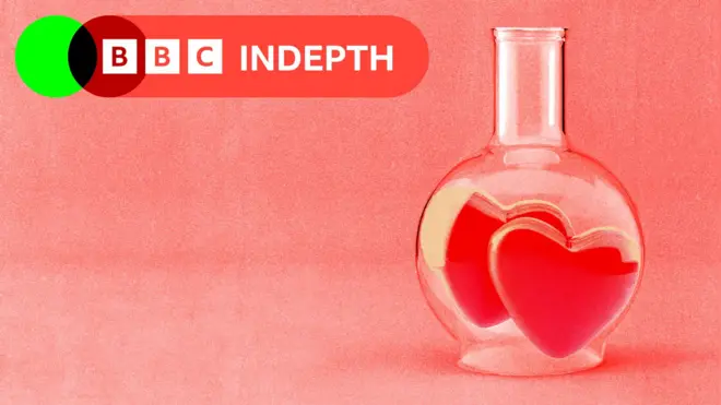 A treated image of a glass beaker with two hearts inside