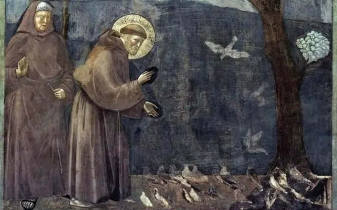 Pintura do fim do século 13 ilustra São Francisco pregando aos pássaros