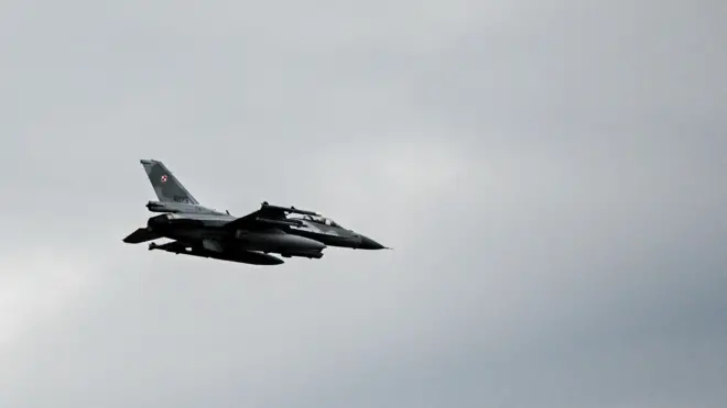 A Polish Air Force's F-16 jet during the joint 'Anaconda-23' exercises at the training ground in Nowa Deba, south-eastern Poland, 06 May 2023