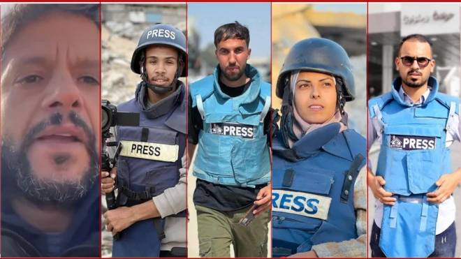 صورة تجمع الصحفيين الخمسة الذين اغتالتهم غارتان إسرائيليتان على مستشفى ناصر في خان يونس جنوبي قطاع غزة