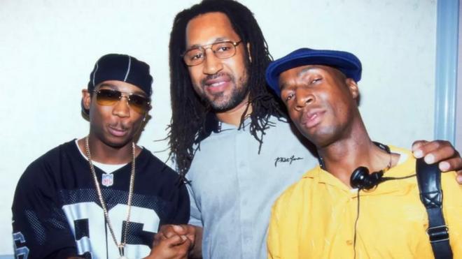 Nomes importantes do rap mundial: Ja Rule, DJ Kool Herc e Grandmaster Flash, fotografados por volta dos anos 2000