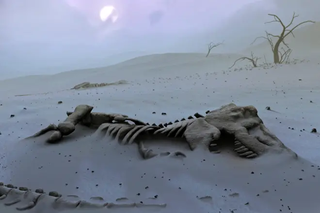 Illustration de squelettes de tyrannosaures partiellement enterrés au milieu de ce qui est devenu un désert