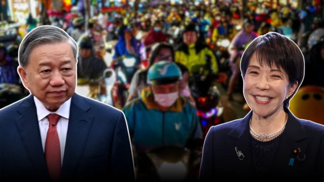 Ảnh ghép: ông Tô Lâm (trái) và bà Takaichi (phải), đằng sau là khung cảnh đường phố Việt Nam chật ních xe máy 