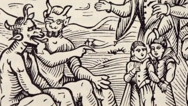Фрагмент гравюры с двумя демонами и детьми.