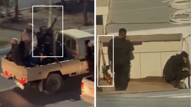 Изображение показывает пулемет, установленный в кузове белого пикапа (слева) и кадр из видео с протестов 9 января в северо-восточном городе Мешхед, на котором видны две фигуры в черной тактической форме, подобной той, что носят несколько подразделений сил безопасности, в том числе Корпус стражей исламской революции, на крыше отеля, с снайперской винтовкой Драгунова (СВД), прислоненной к стене.