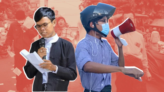 မန္တလေးသပိတ်ခေါင်းဆောင် ကိုထက်မြတ်အောင်ရဲ့ လှုပ်ရှားမှုများသရုပ်ဖော်ပုံ