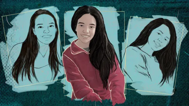 Колаж із трьох малюнків Вікторії, середнє з яких червоного кольору. На кожному зображенні вона усміхається.