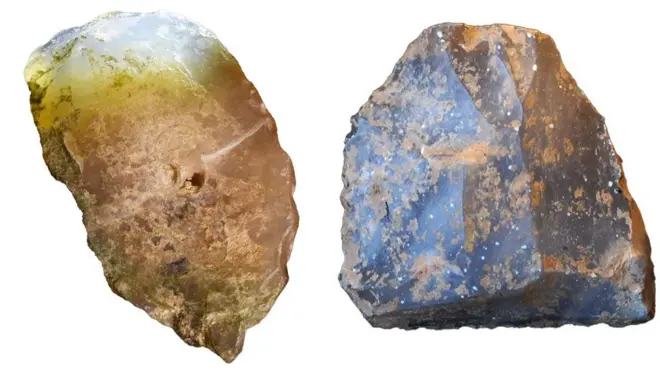 Composite image of two stone tools on a white background.