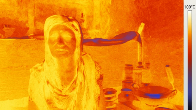 थर्मल कॅमेऱ्यानं टिपलेल्या फोटोत कमला आणि तिच्या सभोवतालचे तापमान 50 अंशांपेक्षा जास्त दिसत आहे.