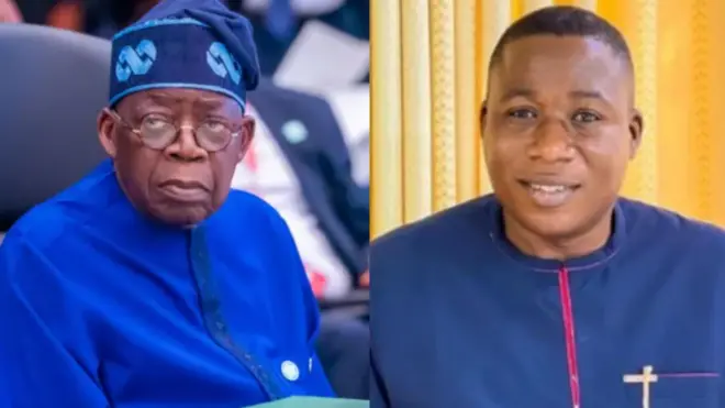 Aarẹ Bola Tinubu wọ aṣọ buba buluu, Oloye Sunday Igboho naa wọ aṣọ buba buluu 