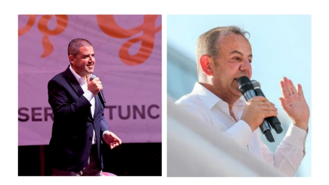 Tuncer ve Özcan'ın mikrofonda konuşurken fotoğrafları kolajlanmış. 