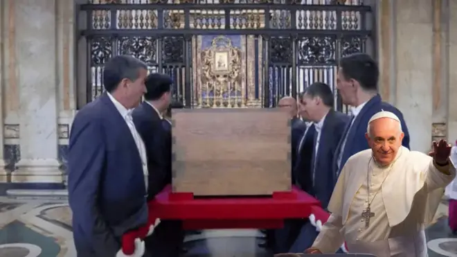 Pipo dey carry di coffin of Pope Francis. On di right, photo of di pontiff wey dey wave.