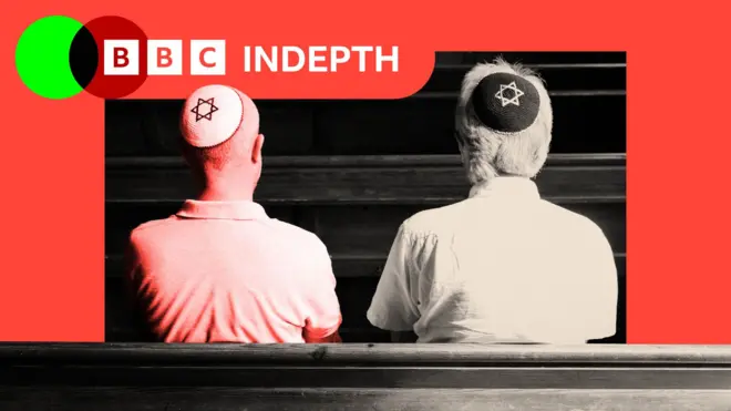 A treated image of two Jewish men sitting together inside a synagogue Copyright