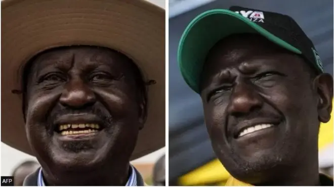 Kinara wa Muungano wa Azimio nchini Kenya Raila Odinga (kushoto) na Naibu Rais William Ruto (kulia)