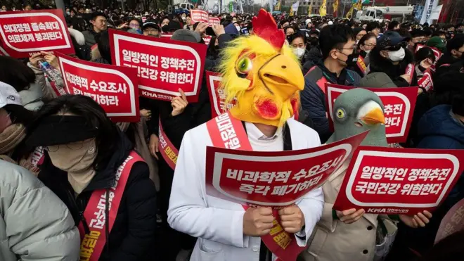 의대 증원 반대 집회 현장에 닭 모양 탈을 쓰고 나온 참가자