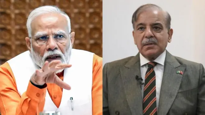 भारताचे पंतप्रधान नरेंद्र मोदी आणि पाकिस्तानचे पंतप्रधान शहबाज शरिफ