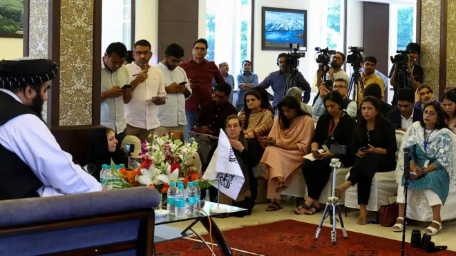 Afghanistan's Taliban Foreign Minister Amir Khan Muttaqi attends a press conference, in Delhi, India October 12, 2025. REUTERS/Anushree Fadnavis