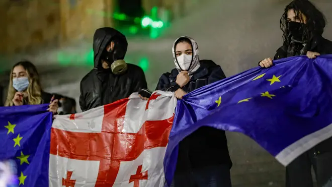 участники акции протеста перед зданием парламента в Тбилиси, декабрь 2024 года