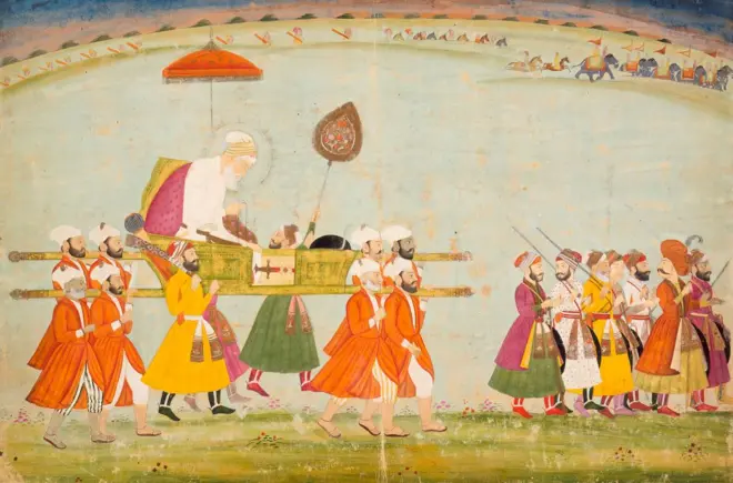 الإمبراطور أورنغزيب محمولاً على محفة في هذه اللوحة التي تعود إلى عام 1775