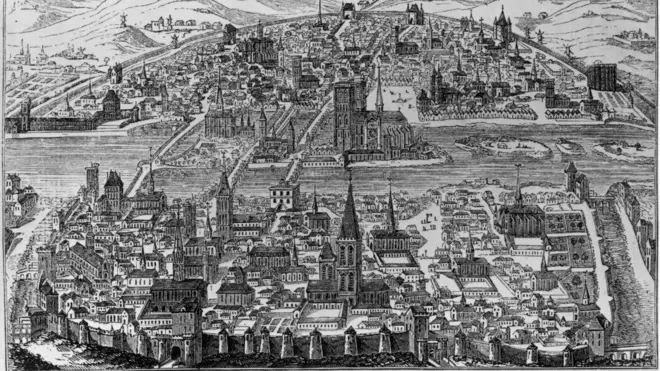 رسم للعاصمة الفرنسية باريس يعود للقرن السادس عشر وتحديدا في عهد الملك هنري الرابع (1553-1610)، وتظهر فيه المدينة وهي تحيط بنهر السين وفي قلبها كاتدرائية نوتردام 