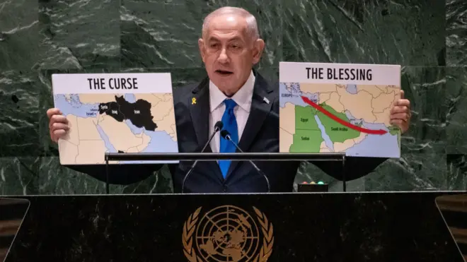 بنیامین نتانیاهو، نخستوزیر اسرائیل، در مجمع عمومی سازمان ملل، ۲۷ سپتامبر
