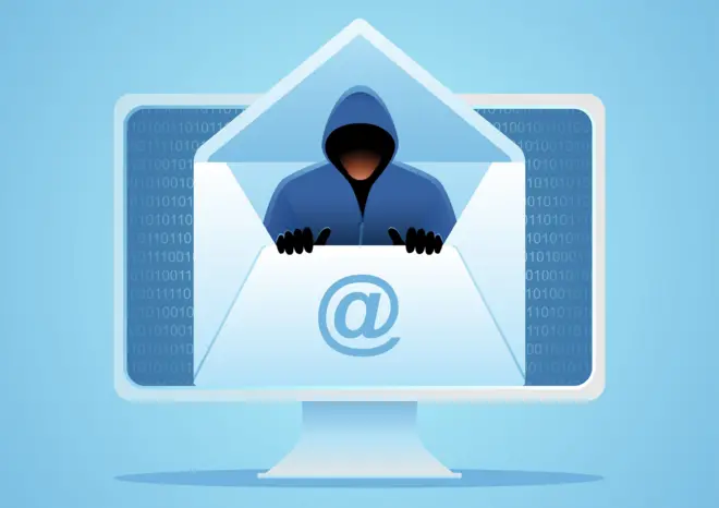 Thief comes out of an envelope, hacker, scam, phishing email concept, vector illustration