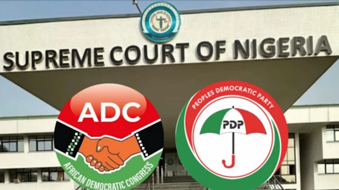 Collage of images of the supreme court building and logos of ADC and PDP