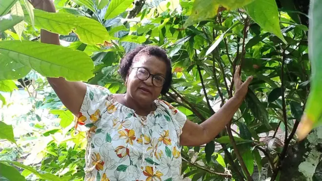 Mulher negra de cabelo curto e blisa florida em meio a plantação de cacau