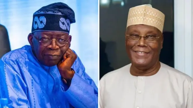 Hoton Shugaban Najeriya Bola Ahmed Tinubu da ɗan takarar shugaban Najeriya a jam'iyyar ADC, Atiku Abubakar