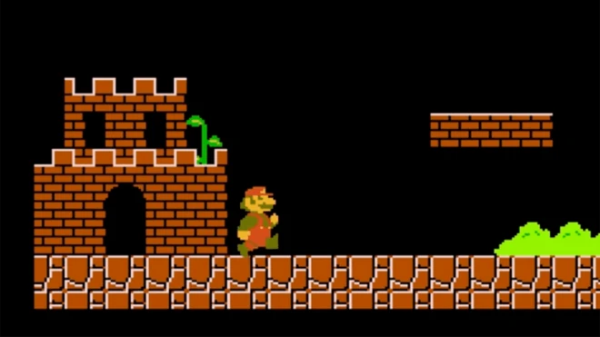 Cena do jogo Super Mario Bros mostra o personagem Mario saindo de um castelo