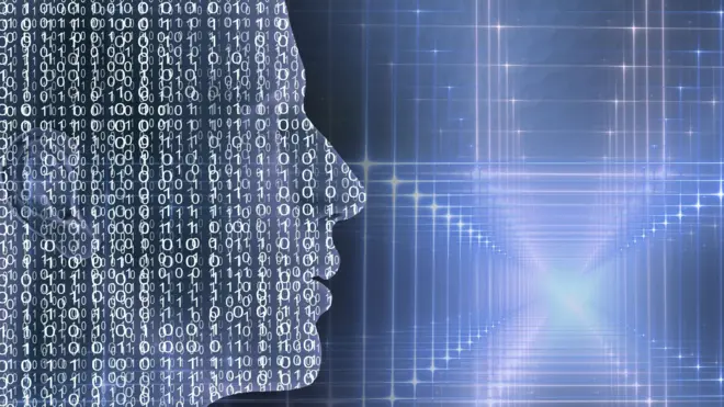 تصویرسازی از صورت یک انسان که پر از اعداد است و یک منبع نور