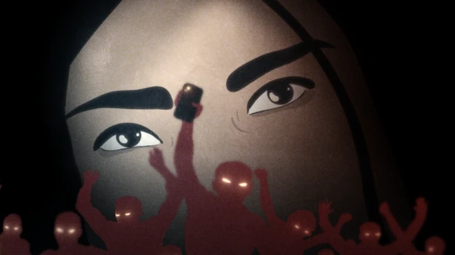 इलस्ट्रेशन - औरत की आंखों के सामने फोन पकड़े मर्दों की भीड़