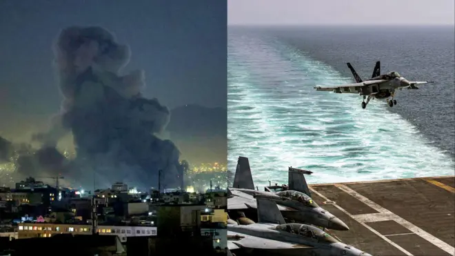 Aworan ilu Tehran ati eefin ikọlu to n ru niblẹ lalẹ ati baluu ogun kan to n ba sori ọkọ oju omi lagbami.