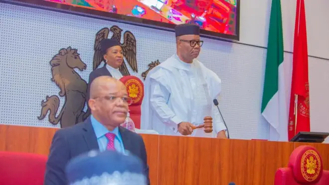 Senate. President Godswill Akpabio hits a gavel during a senate plenary session