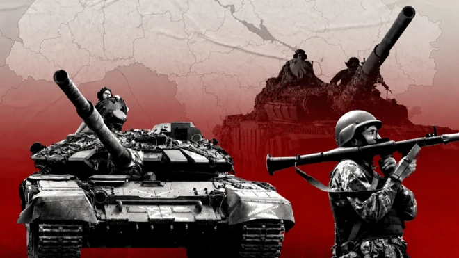 Колаж: карта України на тлі військової техніки та українських військовослужбовців 