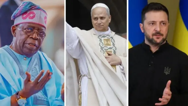 Collage of Nigeria President Bola Tinubu, Pope Leo XVI and Ukraine President Volodymyr Zelensky